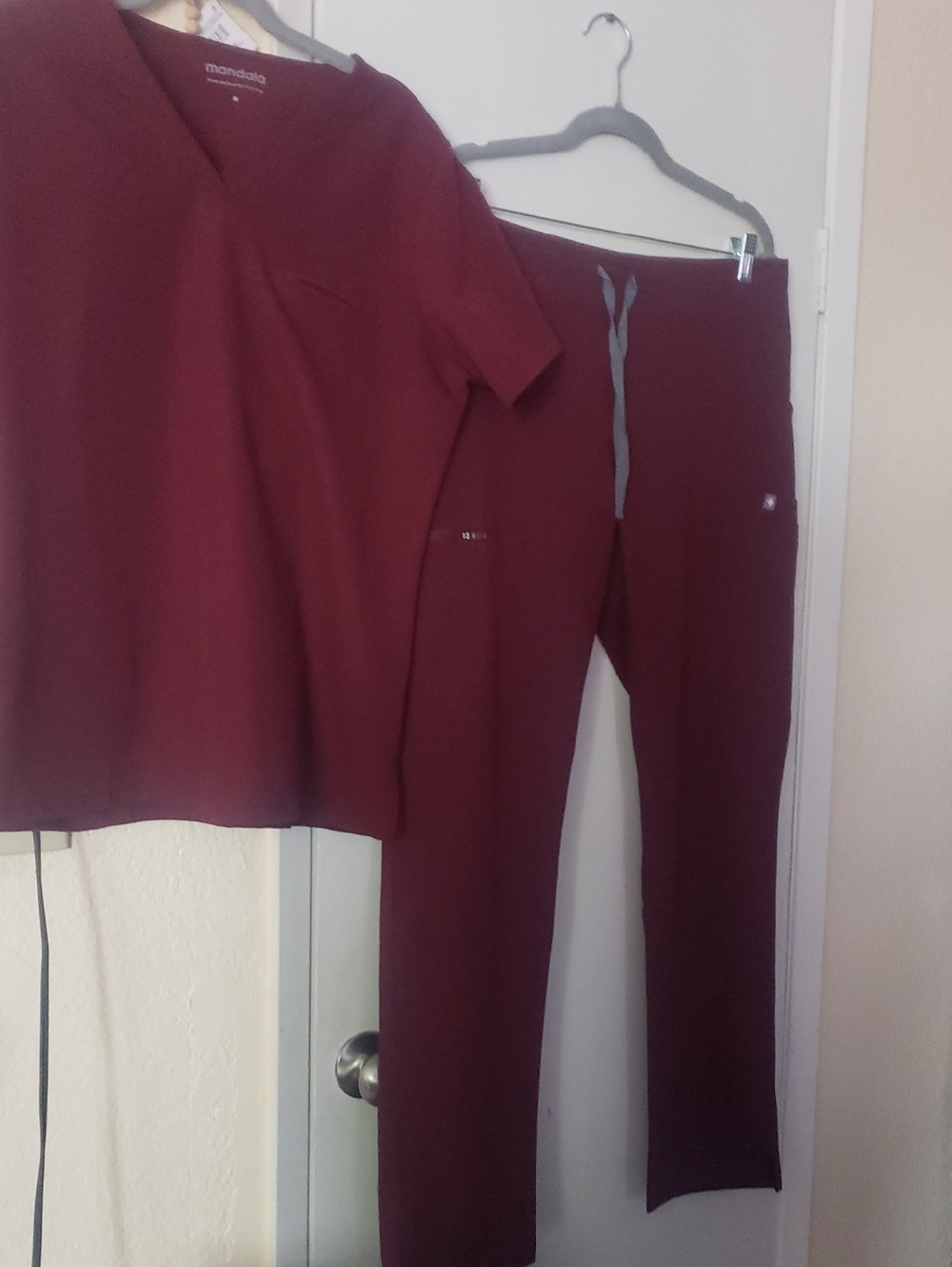 Figs Yola Slim Fit Pants, Mandala V neck One Pocket Scrub Top Both in Burgundy